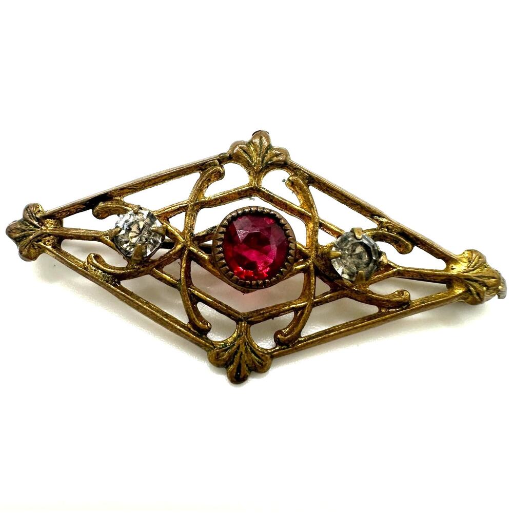 Antique Edwardian 1900s 1910s gold gilt red clear glass paste rhinestones brooch